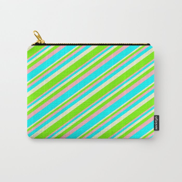 Light Yellow, Green, Light Pink, and Cyan Colored Striped/Lined Pattern Carry-All Pouch