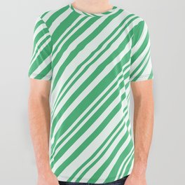 [ Thumbnail: Mint Cream and Sea Green Colored Lines Pattern All Over Graphic Tee ]