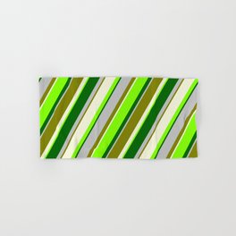 [ Thumbnail: Vibrant Beige, Chartreuse, Dark Green, Grey, and Green Colored Lined Pattern Hand & Bath Towel ]