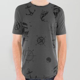 Dark Grey And Black Silhouettes Of Vintage Nautical Pattern All Over Graphic Tee