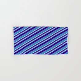 [ Thumbnail: Blue, Light Sky Blue, Purple & Dark Blue Colored Striped/Lined Pattern Hand & Bath Towel ]