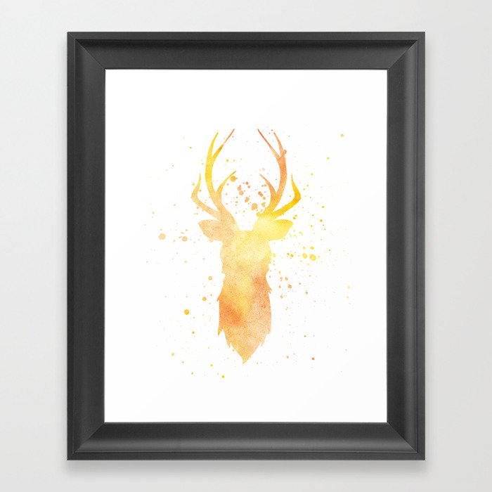 Watercolor Deer Head With Antlers Yellow Framed Art Print By