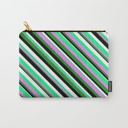 [ Thumbnail: Green, Violet, Forest Green, Black, and White Colored Stripes Pattern Carry-All Pouch ]
