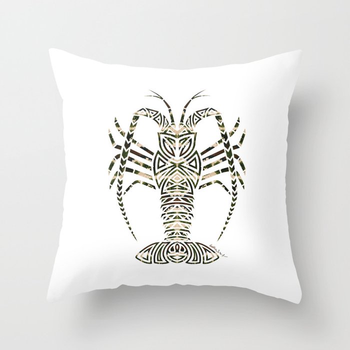 Tribal Camouflage Spiny Lobster on White Throw Pillow