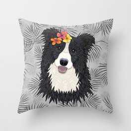 Happy Border Collie with Flowers Throw Pillow