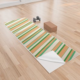 [ Thumbnail: Beige, Sea Green, Brown, and Forest Green Colored Striped/Lined Pattern Yoga Towel ]