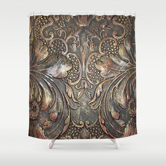 Golden Brown Carved Tooled Leather Shower Curtain By Theghosttown