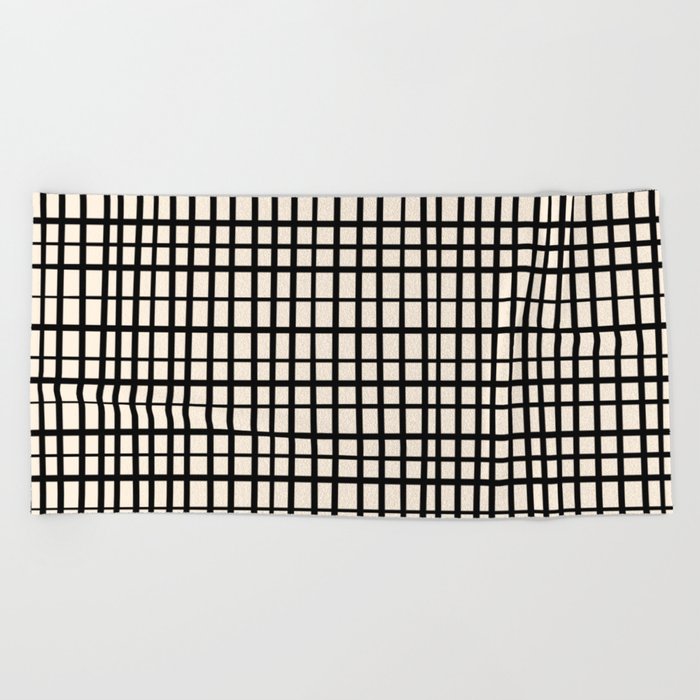 Irregular Grid Pattern in Black and Almond Cream  Beach Towel