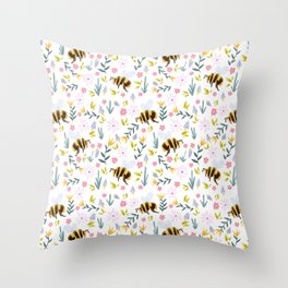 Bumblebees & Spring Flowers Throw Pillow