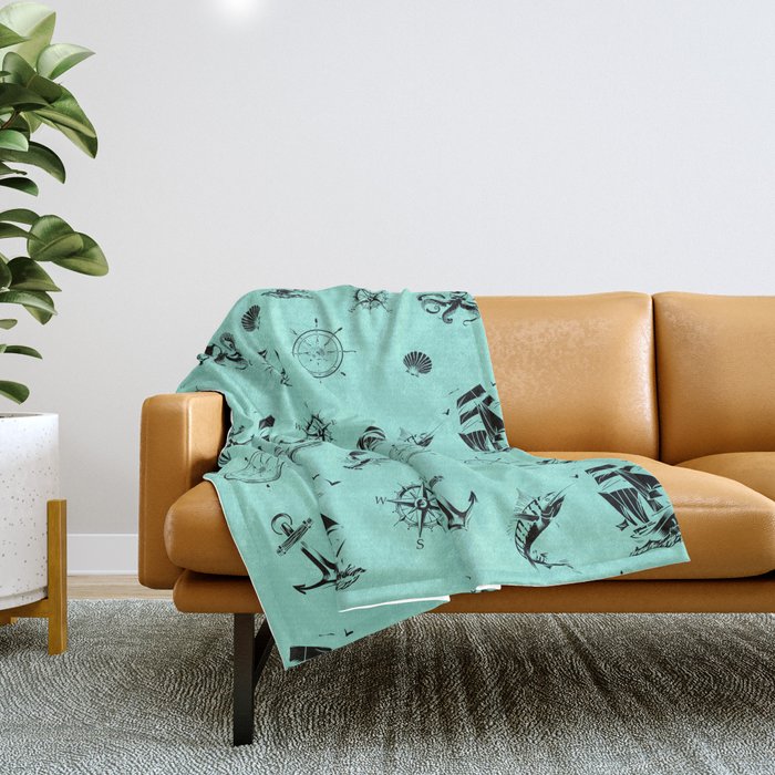 Mint Blue And Black Silhouettes Of Vintage Nautical Pattern Throw Blanket