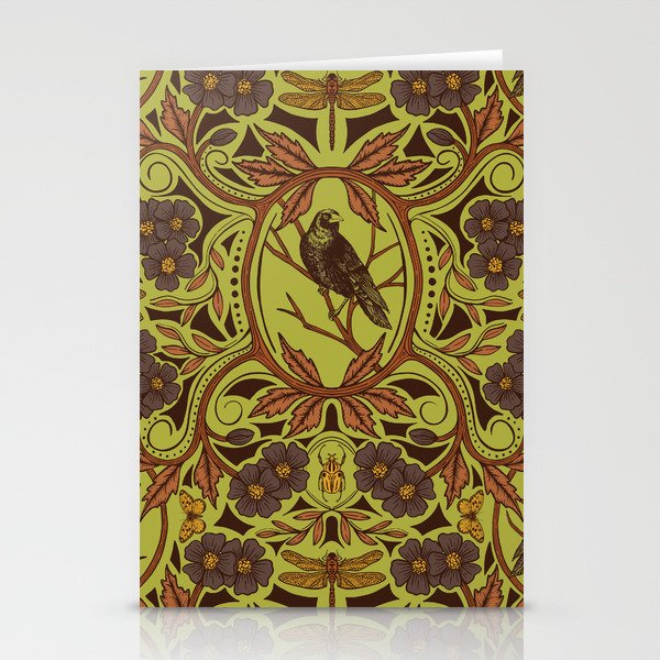 Crow & Dragonfly Floral in Retro Olive Green & Orange Stationery Cards