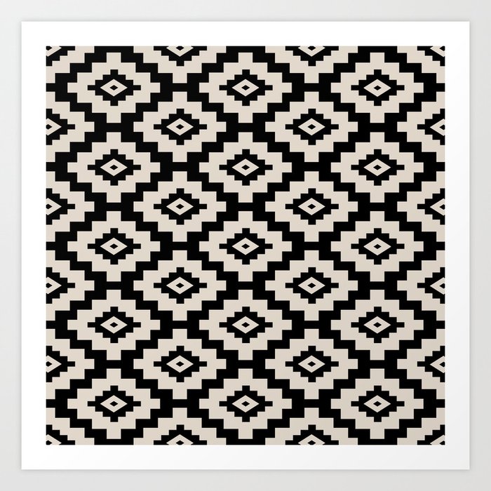 Traditional Geometric Pattern 323 Black and Linen White Art Print