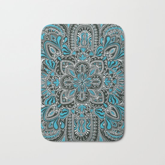 White turquoise symmetrical mandala line pattern Bath Mat