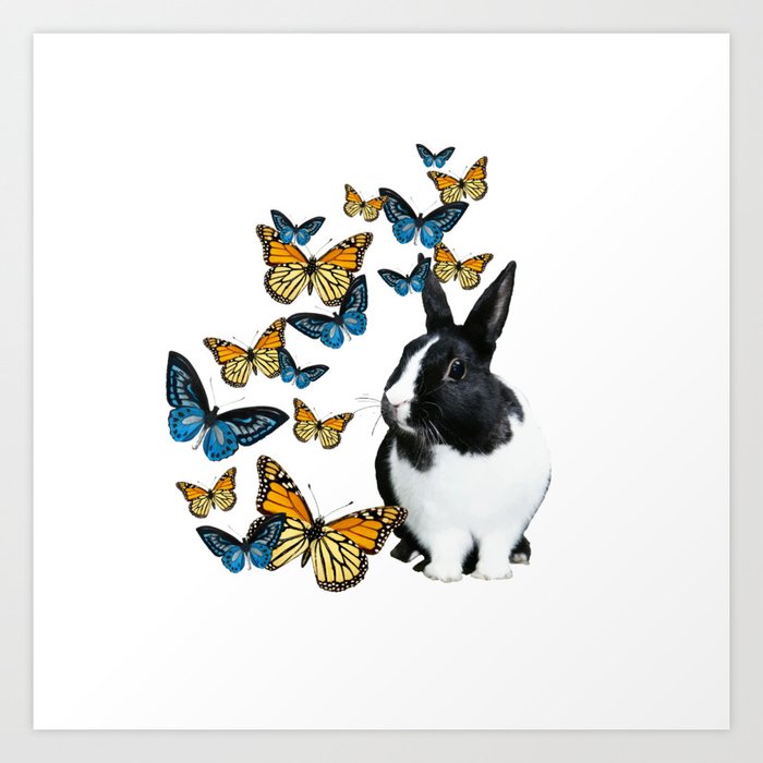 Bunny Rabbit black and white blue yellow Butterflies #rabbit #bunny #animals Art Print
