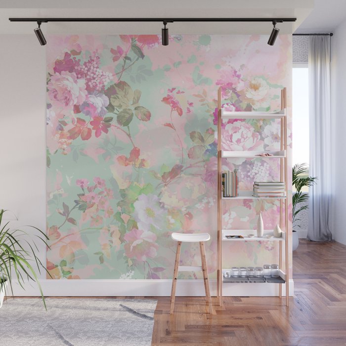 Vintage botanical blush pink mint green floral pattern Wall Mural