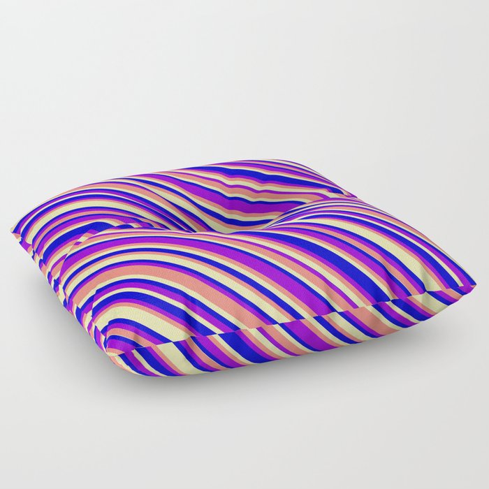 Blue, Dark Violet, Salmon & Pale Goldenrod Colored Lined Pattern Floor Pillow