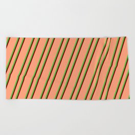 [ Thumbnail: Light Salmon, Lime Green, and Maroon Colored Lines/Stripes Pattern Beach Towel ]