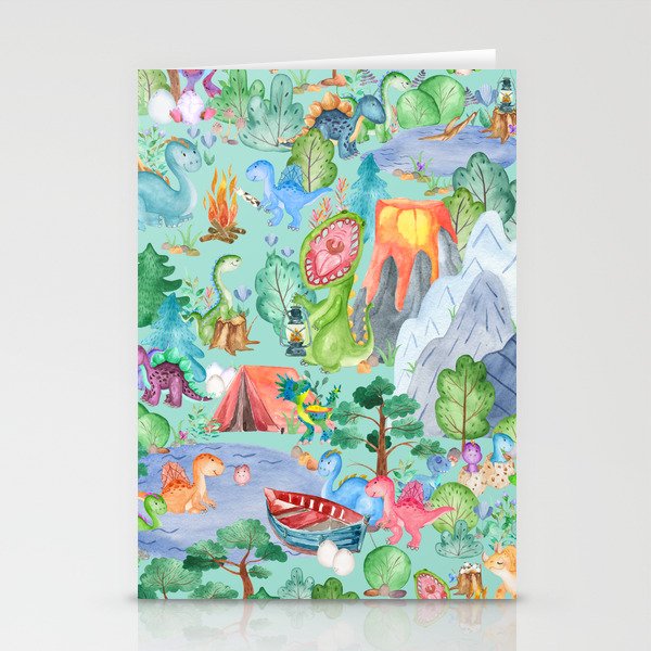 Watercolor Dinosaur Camping Kids Pattern Stationery Cards
