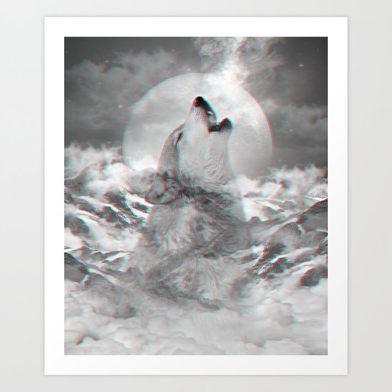 Maybe the Wolf Is In Love with the Moon v.2 (3D Effect) Art Print