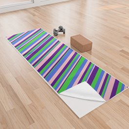 [ Thumbnail: Pink, Royal Blue, Lime Green, and Indigo Colored Lined/Striped Pattern Yoga Towel ]