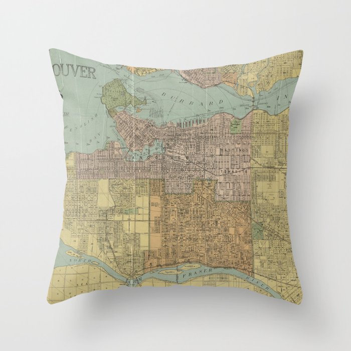 Vintage Map of Vancouver Canada (1920) Throw Pillow by BravuraMedia Society6
