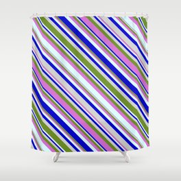 [ Thumbnail: Colorful Light Grey, Green, Orchid, Light Cyan, and Blue Colored Lined/Striped Pattern Shower Curtain ]