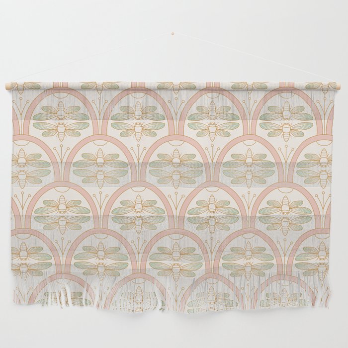 Art Deco Cicada Pattern, Retro Bugs in Blush, Cream Wall Hanging