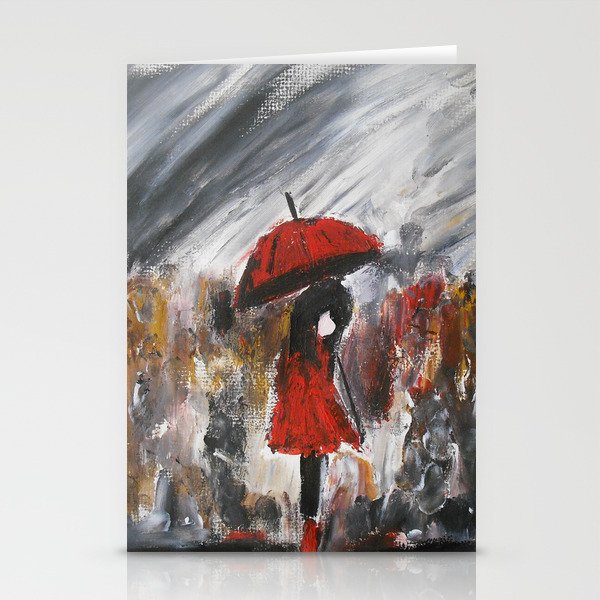 Girl In Red Raincoat Umbrella Rainy Day Fine Art Print Of Acrylic Painting Stationery Cards By Jamespeart