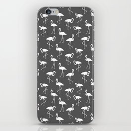White flamingo silhouettes seamless pattern on dark grey background iPhone Skin