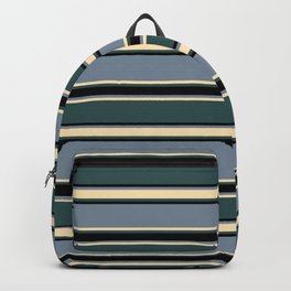 [ Thumbnail: Light Slate Gray, Beige, Dark Slate Gray, and Black Colored Stripes/Lines Pattern Backpack ]