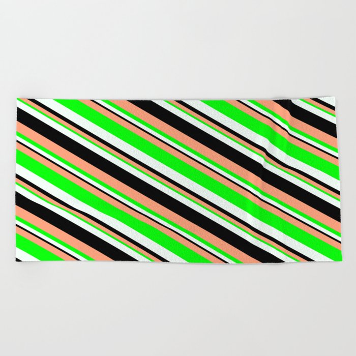 Light Salmon, Lime, Mint Cream & Black Colored Striped/Lined Pattern Beach Towel