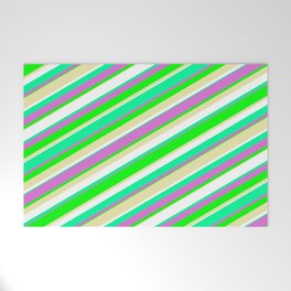 [ Thumbnail: Vibrant Green, Orchid, Lime, Pale Goldenrod, and White Colored Pattern of Stripes Welcome Mat ]