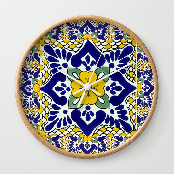 talavera mexican tile in yellow and blu Wall Clock