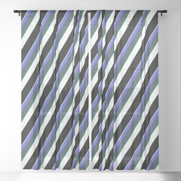 Vibrant Light Sky Blue, Slate Blue, Dark Slate Gray, Mint Cream & Black Colored Lined Pattern Sheer Curtain