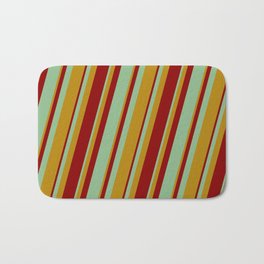[ Thumbnail: Dark Goldenrod, Dark Red & Dark Sea Green Colored Lined/Striped Pattern Bath Mat ]