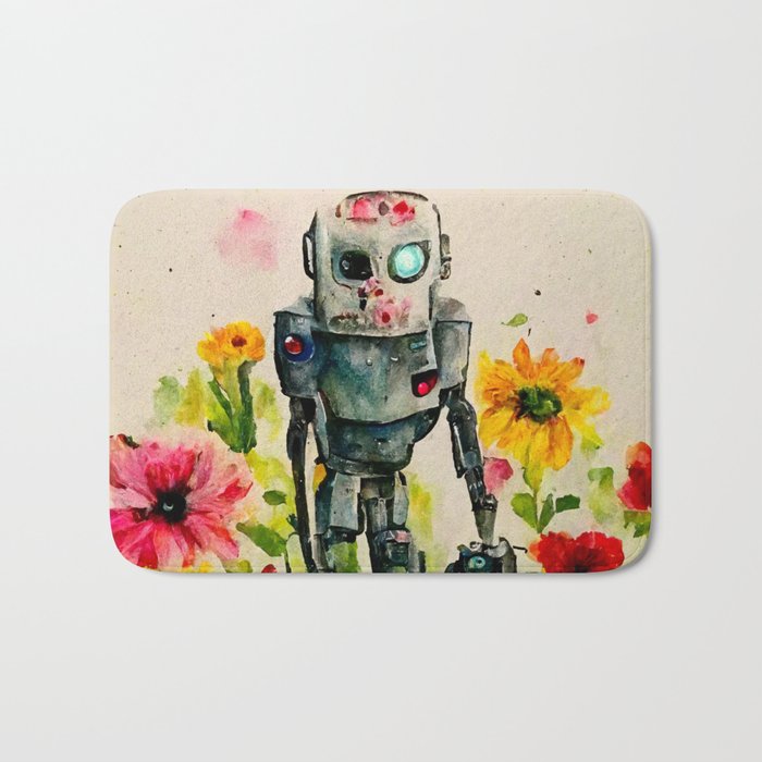 Robot walking through flowers Bath Mat