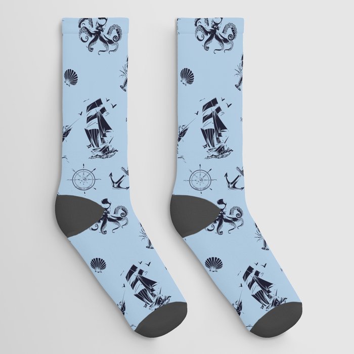 Pale Blue And Blue Silhouettes Of Vintage Nautical Pattern Socks