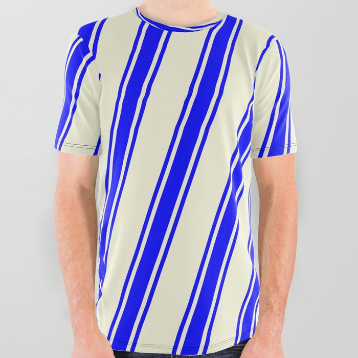 Beige and Blue Colored Lined/Striped Pattern All Over Graphic Tee