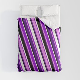 [ Thumbnail: Dark Violet, Violet, Indigo, Black, and White Colored Pattern of Stripes Comforter ]