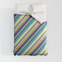 [ Thumbnail: Beige, Dark Khaki, Dark Slate Blue, and Light Sea Green Colored Striped Pattern Comforter ]
