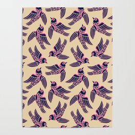 BIRDS FLYING HIGHER in DARK BLUE AND PINK ON SAND Poster