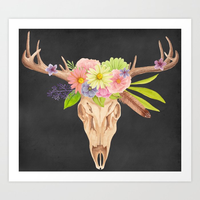 Deer Skull and Flowers Art Print