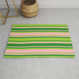 [ Thumbnail: Forest Green, Green, and Light Pink Colored Lined Pattern Rug ]