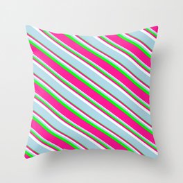 [ Thumbnail: Lime, Deep Pink, White & Light Blue Colored Pattern of Stripes Throw Pillow ]
