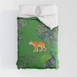 Tiger ,Indian elephant ,peacock jungle pattern ,green background  Comforter