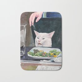 Woman yelling at cat Meme #16 Bath Mat | Pop Art, Salad, Lettuce, Joke, Screaming At Cat, Screaming, Cat, Cat At Table, Confused, Meme 