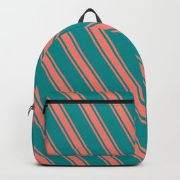 [ Thumbnail: Dark Cyan & Salmon Colored Stripes Pattern Backpack ]