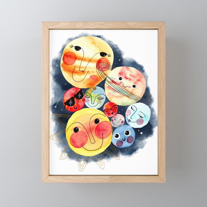 Planet Friends - Kids Universe Galaxy Outerspace Solar System Watercolor Framed Mini Art Print