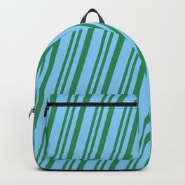 [ Thumbnail: Sea Green & Light Sky Blue Colored Lined/Striped Pattern Backpack ]