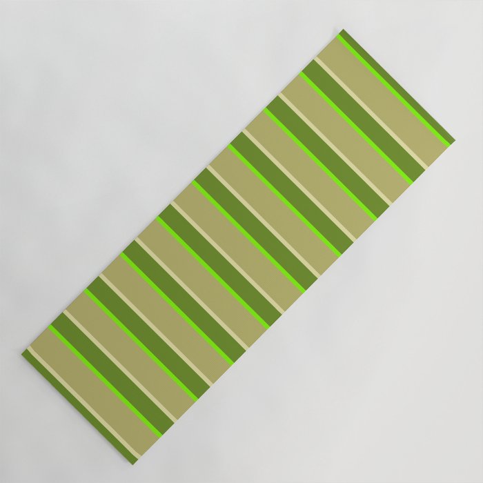 Green, Pale Goldenrod, Dark Khaki & Chartreuse Colored Lines/Stripes Pattern Yoga Mat